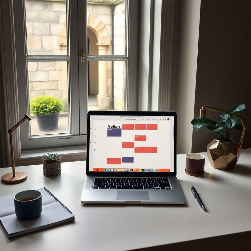 Structured content planning workspace with editorial calendar on a laptop, warm Atlantic morning light