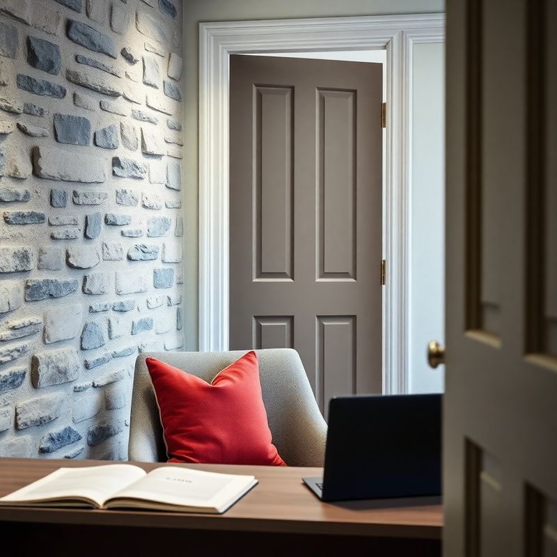 Interior of a small modern Irish office with stone wall and warm light
