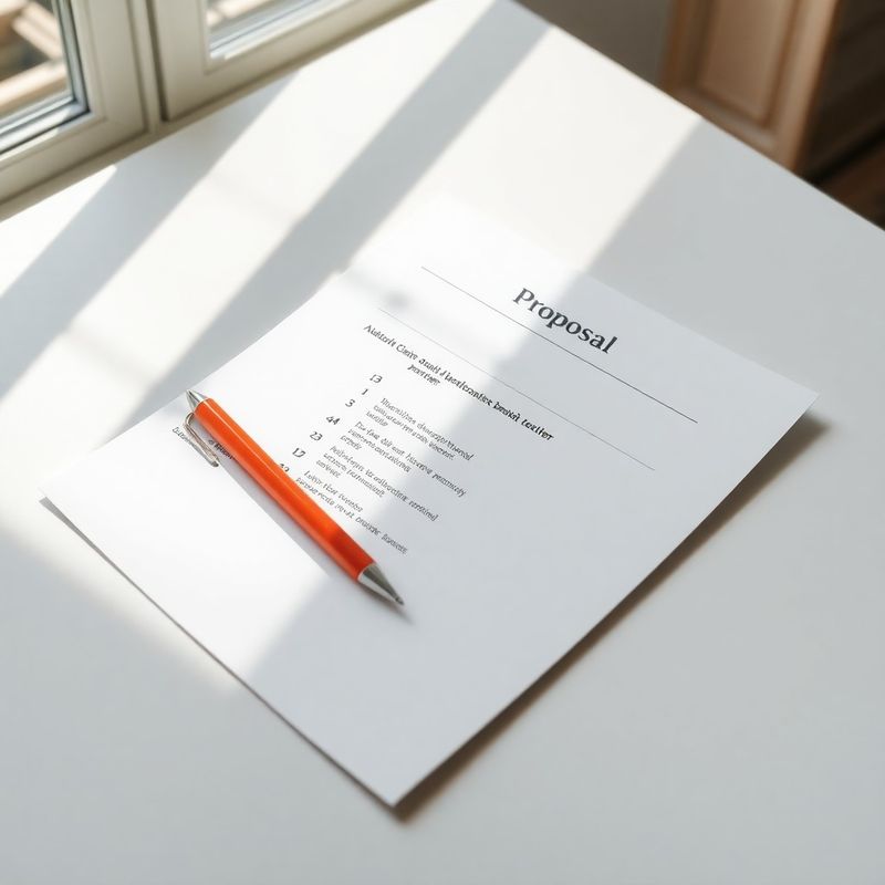 Clean desk scene with a printed proposal document and coral pen