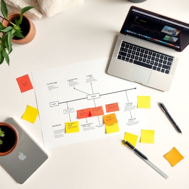 Overhead view of a content pipeline diagram with sticky notes and a CMS dashboard